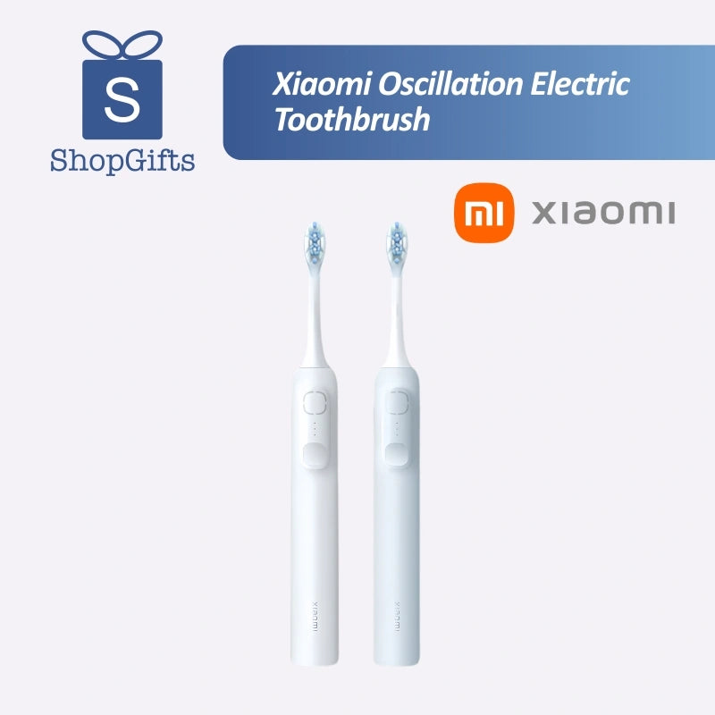 White and light blue Precision Oscillation Smart Sonic Electric Toothbrush on a minimalist bathroom counter_Premium corporate gift