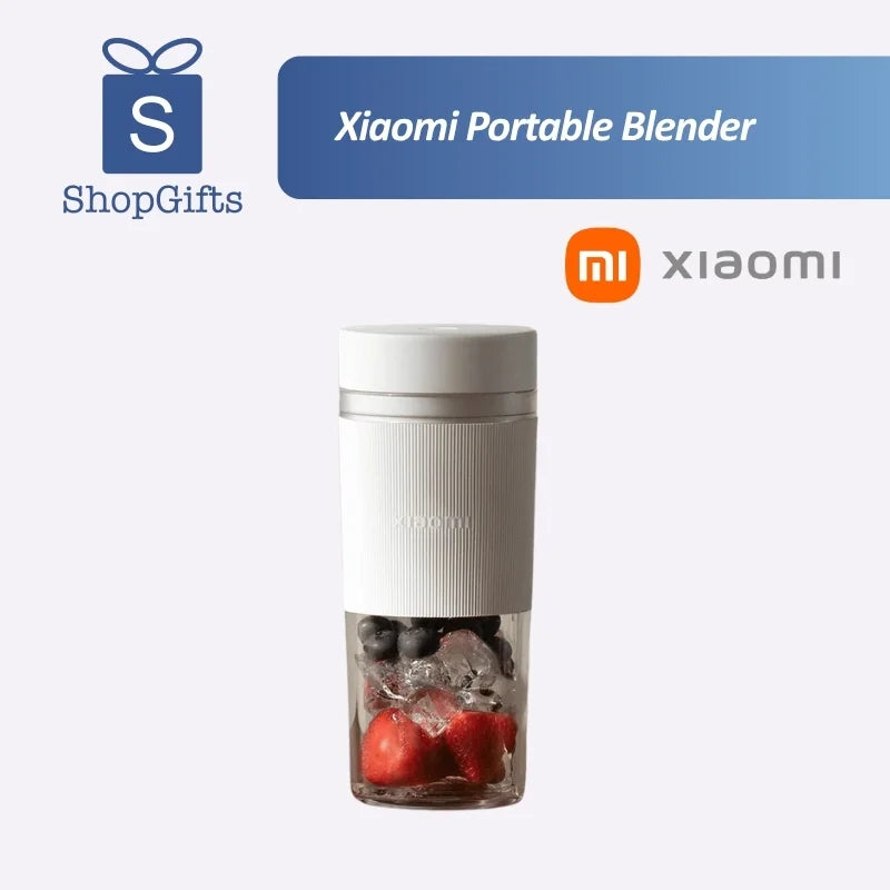 Xiaomi 300ml Portable Blender  with a transparent cup and silicone sleeve for smoothies.