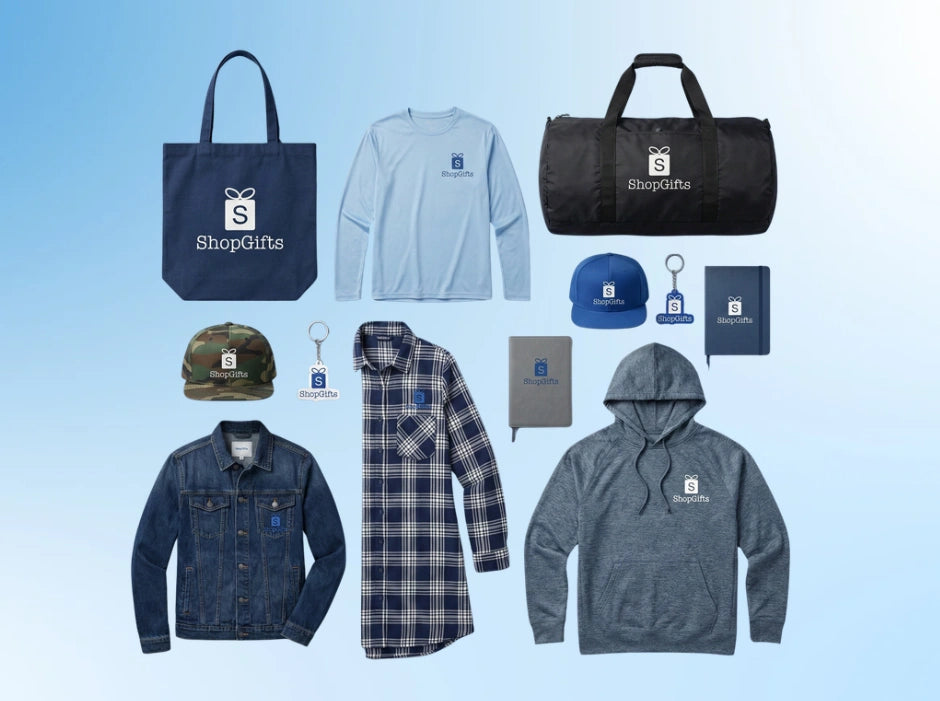 Collection of clothing and accessories with ShopGifts branding on a blue background