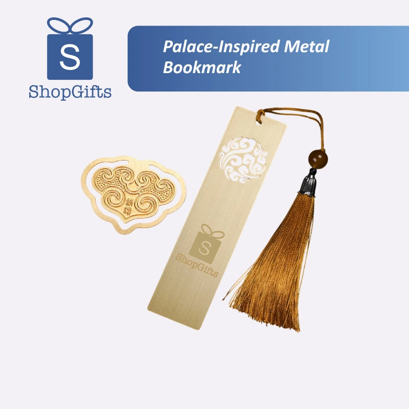 Palace-Inspired Metal Bookmark with decorative tassel featuring ShopGifts logo.